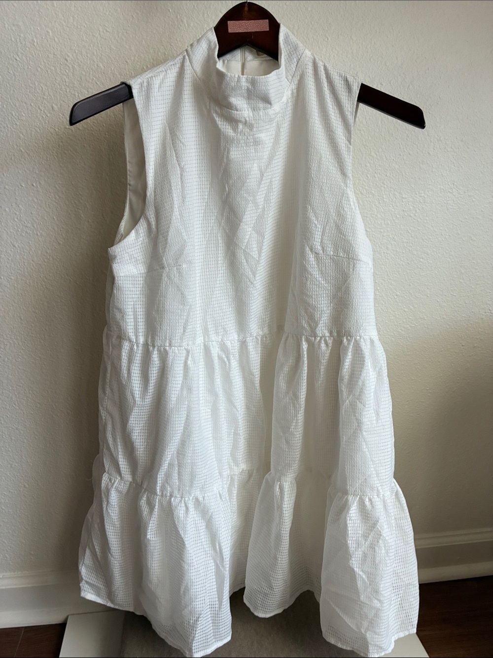 Lena White Sleeveless Tiered Mock-Neck Dress